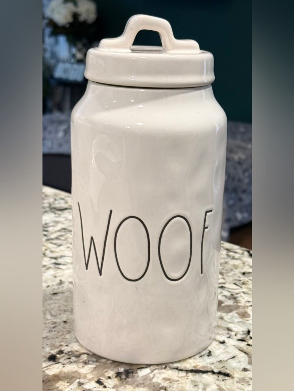 Like New Rae Dunn "WOOF" Large Ceramic Dog Treat Canister with Lid